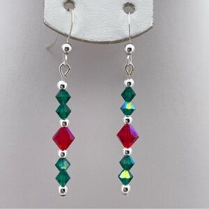 Christmas Swarovski Crystal Green & Red Dangle Earrings Sterling Silver Hooks